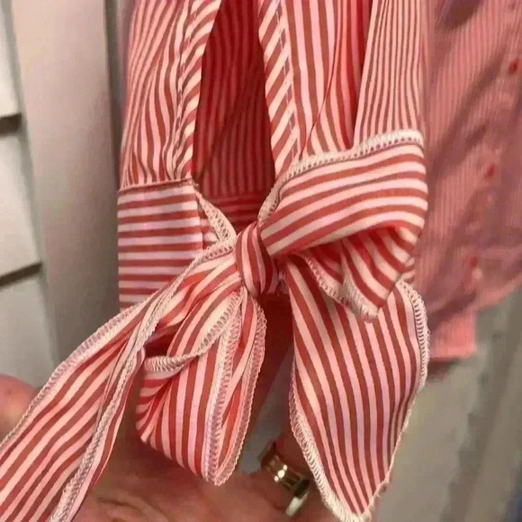 Cato Striped Button Down Tie Sleeve Top Size Large Coral & White - Picture 3 of 5